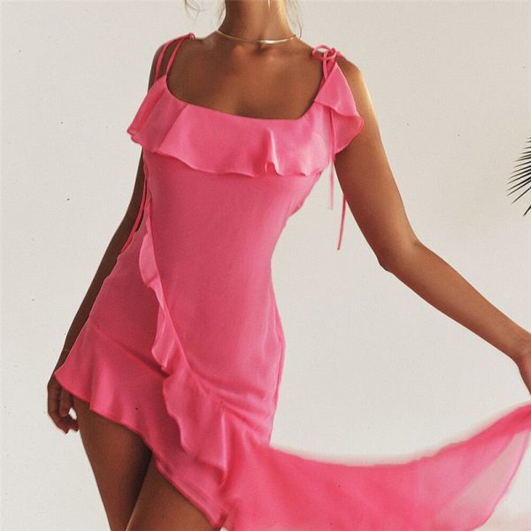 Pink Irregular Ruffle Tie-Up Strap Mini Dress