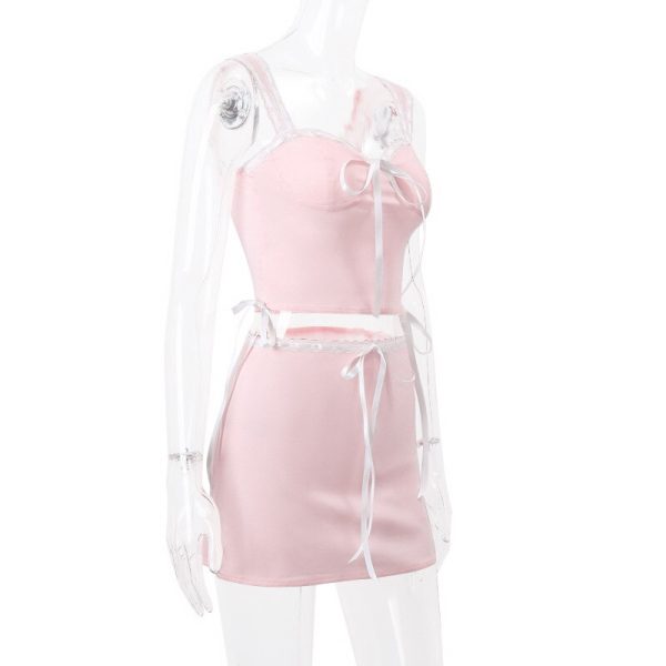 Pink Lace Bow Cami Top And Mini Skirt Set