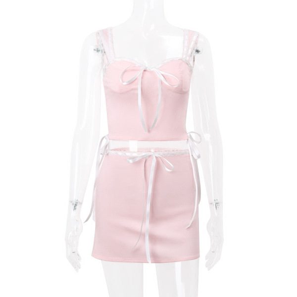 Pink Lace Bow Cami Top And Mini Skirt Set
