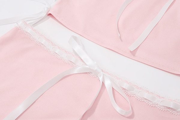 Pink Lace Bow Cami Top And Mini Skirt Set