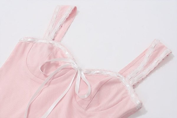 Pink Lace Bow Cami Top And Mini Skirt Set
