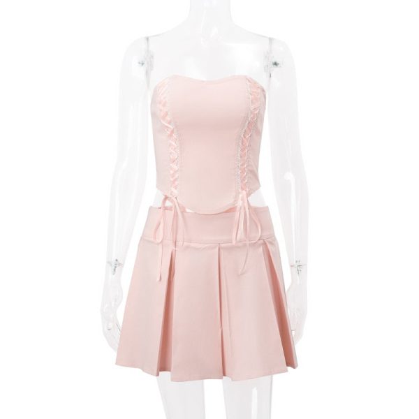 Pink Lace Up Corset And Pleated Mini Skirt Set