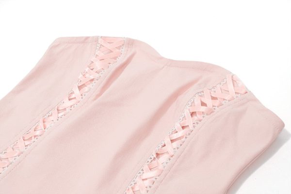 Pink Lace Up Corset And Pleated Mini Skirt Set
