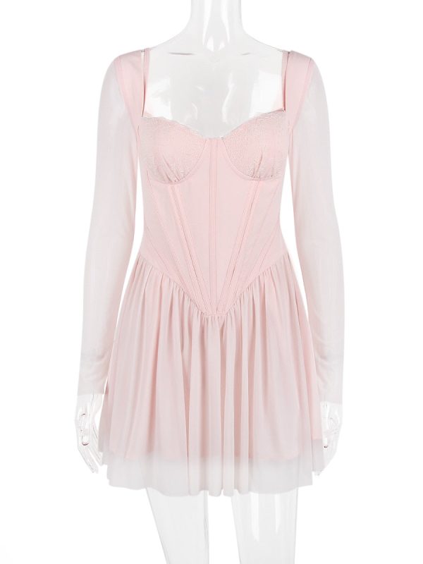 Pink Long Sleeve Bustier Frill Mini Dress