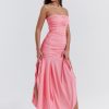 Pink Ruched Frill Tube Midi Dress