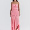 Pink Ruched Frill Tube Midi Dress