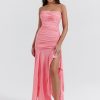 Pink Ruched Frill Tube Midi Dress