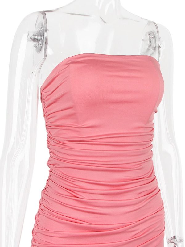 Pink Ruched Frill Tube Midi Dress