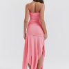 Pink Ruched Frill Tube Midi Dress