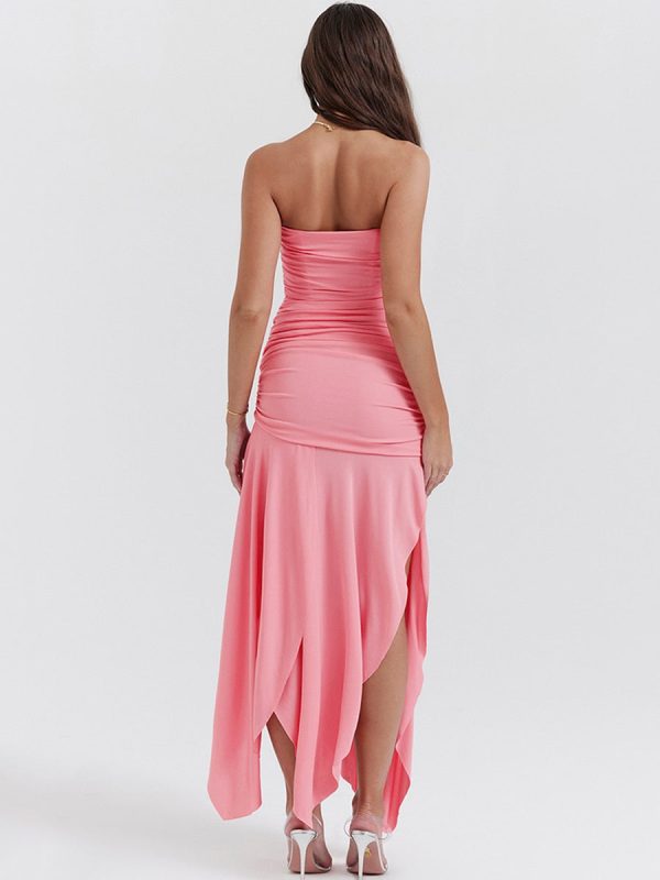 Pink Ruched Frill Tube Midi Dress