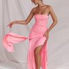 Pink Ruched Frill Tube Midi Dress