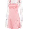 Pink Satin Square Neck Strap Mini Dress