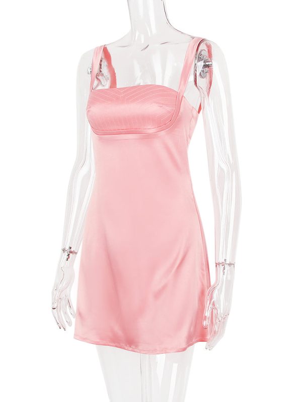 Pink Satin Square Neck Strap Mini Dress