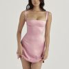 Pink Satin Square Neck Strap Mini Dress