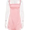 Pink Satin Square Neck Strap Mini Dress