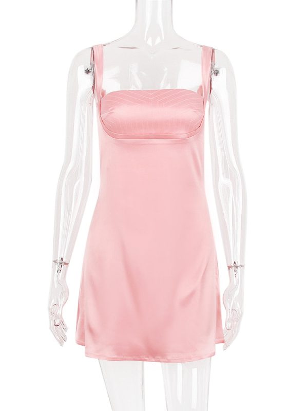 Pink Satin Square Neck Strap Mini Dress