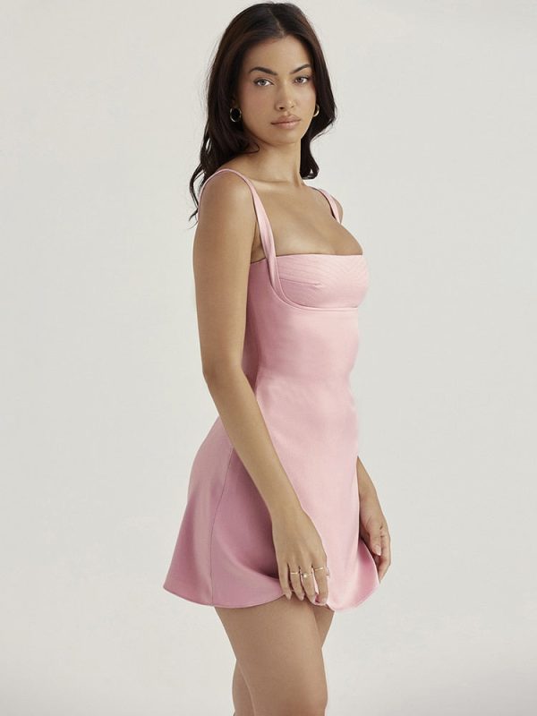 Pink Satin Square Neck Strap Mini Dress