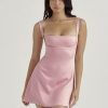 Pink Satin Square Neck Strap Mini Dress