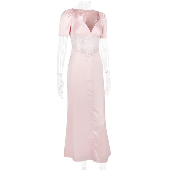 Pink Satin V-Neck Puff Sleeve Lace Patchwork Midi Dress