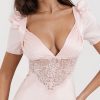 Pink Satin V-Neck Puff Sleeve Lace Patchwork Midi Dress