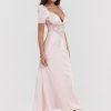 Pink Satin V-Neck Puff Sleeve Lace Patchwork Midi Dress