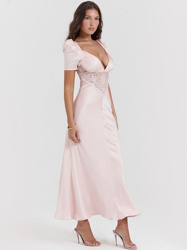 Pink Satin V-Neck Puff Sleeve Lace Patchwork Midi Dress