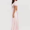 Pink Satin V-Neck Puff Sleeve Lace Patchwork Midi Dress