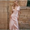 Pink Satin V-Neck Puff Sleeve Lace Patchwork Midi Dress