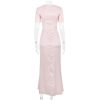 Pink Satin V-Neck Puff Sleeve Lace Patchwork Midi Dress