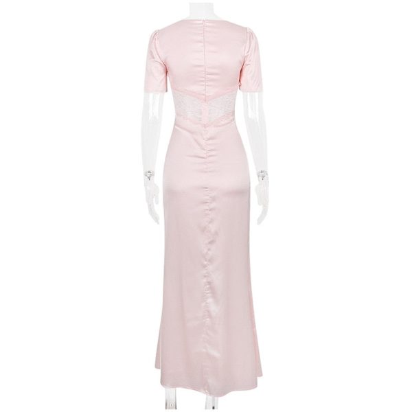Pink Satin V-Neck Puff Sleeve Lace Patchwork Midi Dress