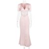 Pink Satin V-Neck Puff Sleeve Lace Patchwork Midi Dress