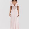 Pink Satin V-Neck Puff Sleeve Lace Patchwork Midi Dress