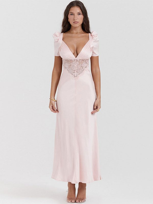 Pink Satin V-Neck Puff Sleeve Lace Patchwork Midi Dress