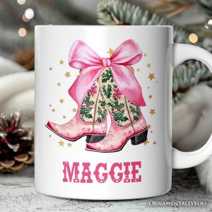 Pink Western Coquette Cowgirl Boots Personalized Mug, Country Holiday Gift with Custom Name