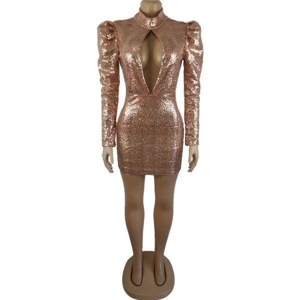 Puff Sleeve Hollow Out Sequin Bodycon Mini Dresses