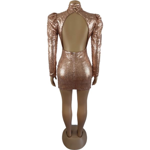 Puff Sleeve Hollow Out Sequin Bodycon Mini Dresses