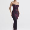 Purple Floral Print Mesh Strap Midi Dress