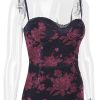 Purple Floral Print Mesh Strap Midi Dress
