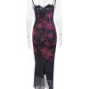 Purple Floral Print Mesh Strap Midi Dress