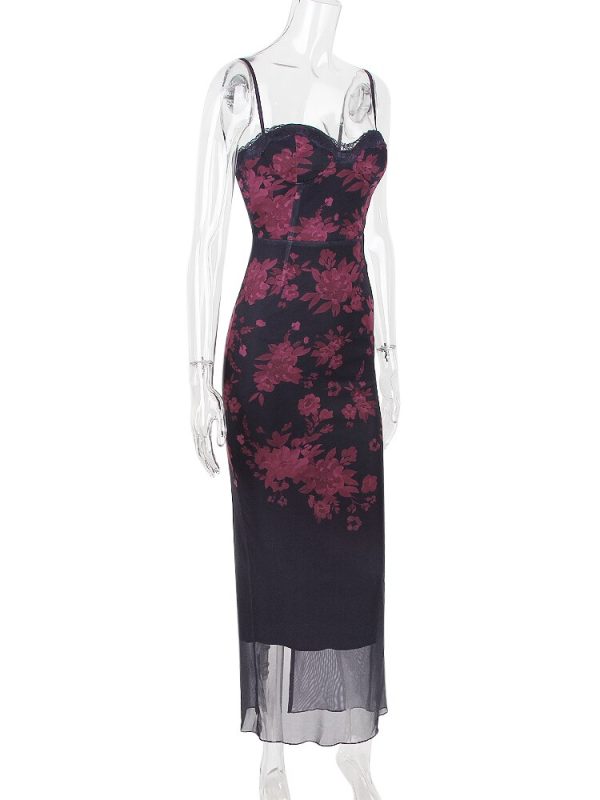 Purple Floral Print Mesh Strap Midi Dress