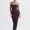 Purple Floral Print Mesh Strap Midi Dress