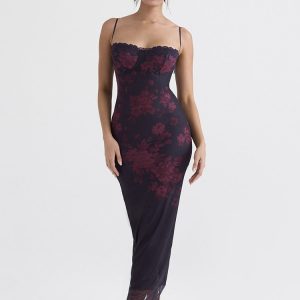 Purple Floral Print Mesh Strap Midi Dress