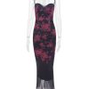 Purple Floral Print Mesh Strap Midi Dress