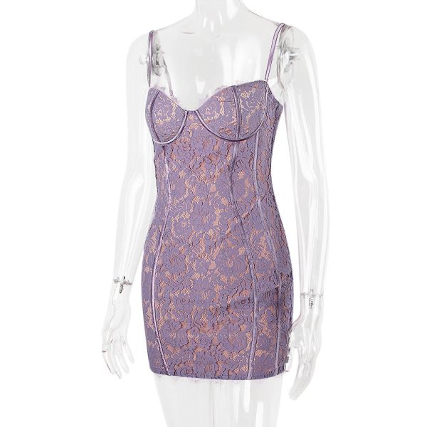 Purple Lace Sleeveless Backless Mini Dress