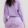 Purple Satin Shirt Style Fur Trim Mini Dress