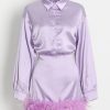 Purple Satin Shirt Style Fur Trim Mini Dress