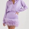 Purple Satin Shirt Style Fur Trim Mini Dress