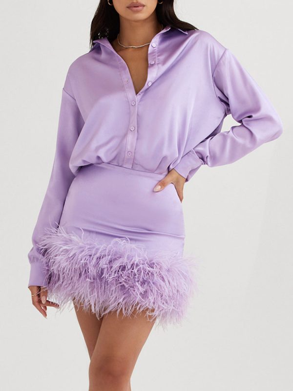 Purple Satin Shirt Style Fur Trim Mini Dress
