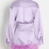 Purple Satin Shirt Style Fur Trim Mini Dress