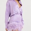 Purple Satin Shirt Style Fur Trim Mini Dress